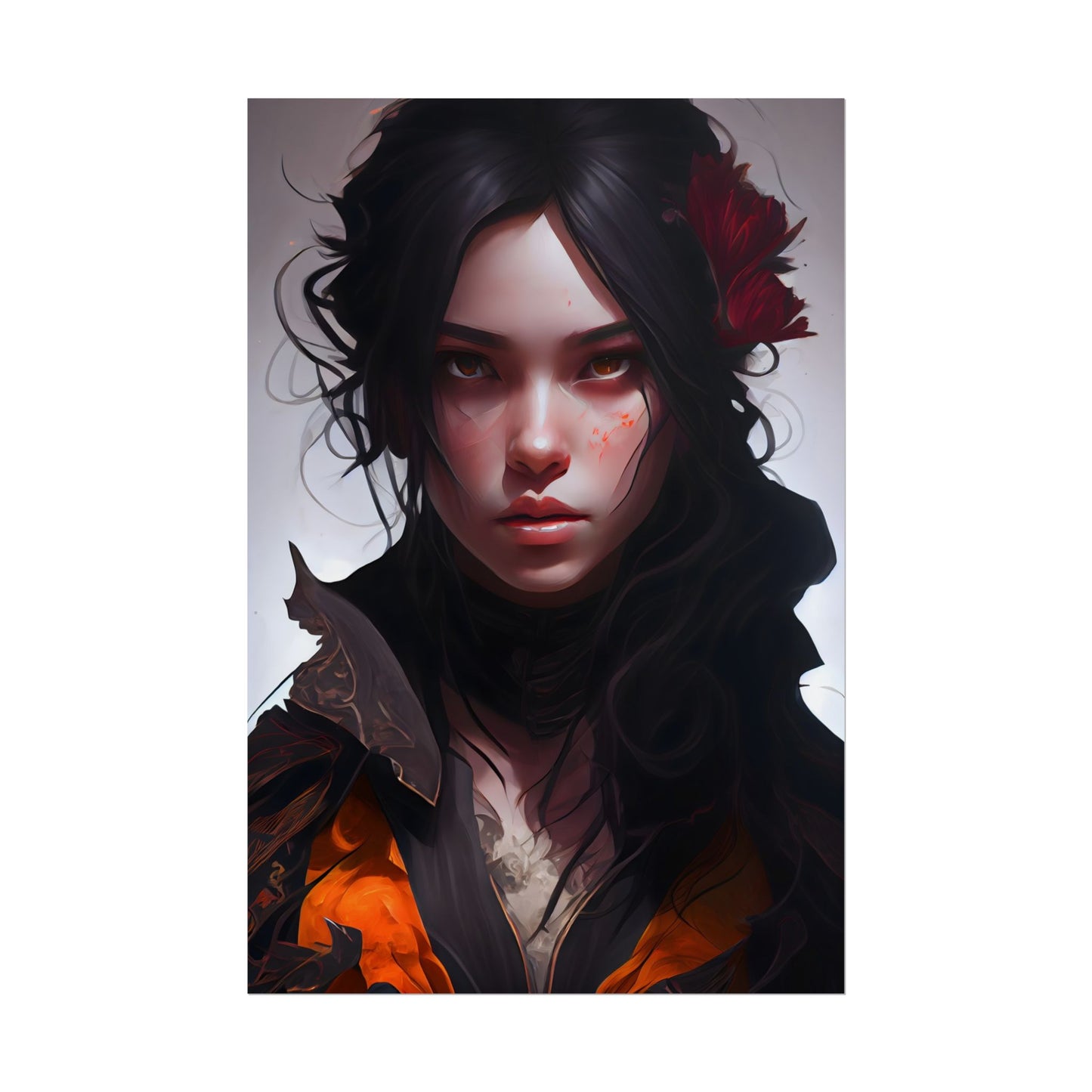 Black Hair Female Portrait: Elegant Dress Artwork - Poster
