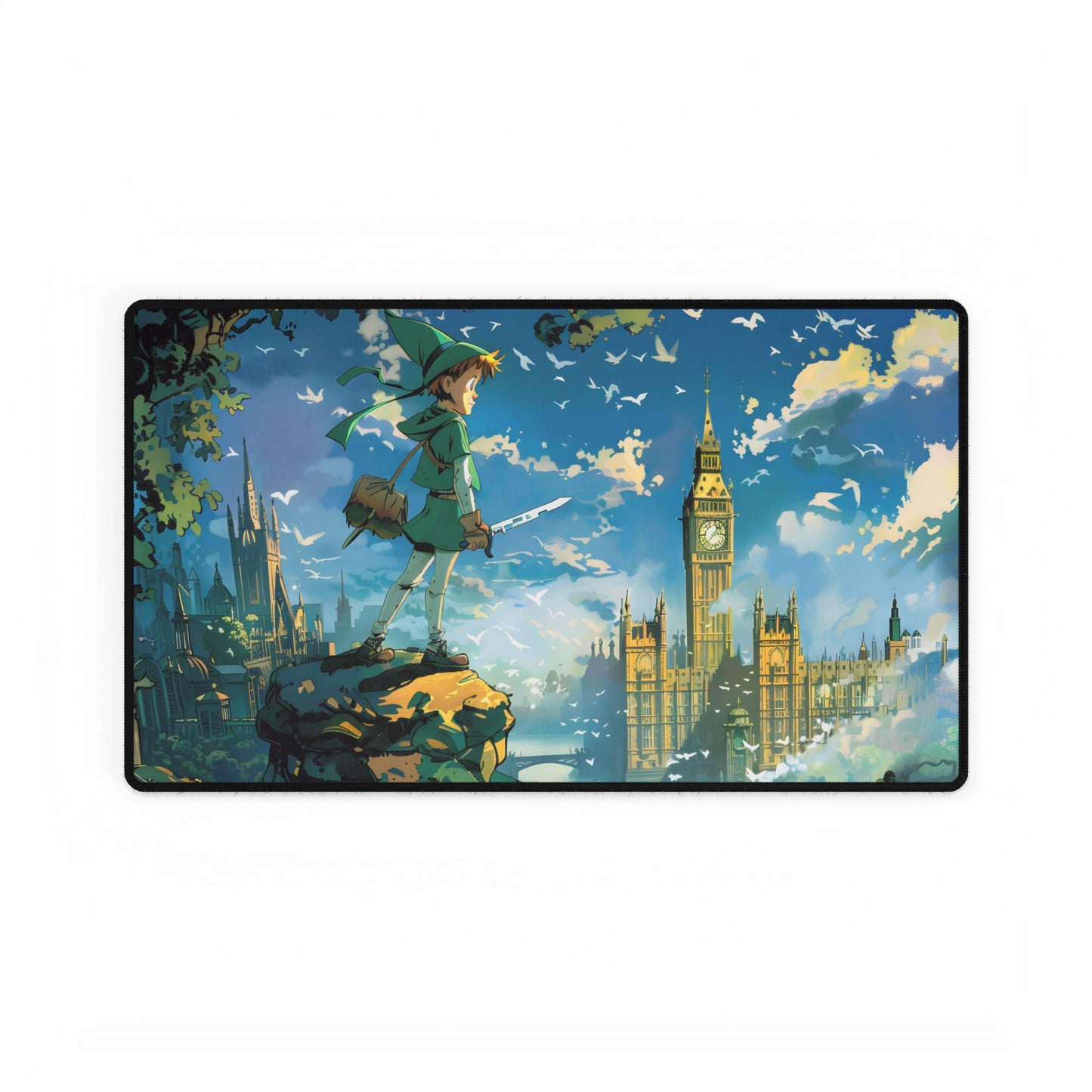 Whimsical Boy in Green: Colorful Illustration Artwork - Desk Mat
