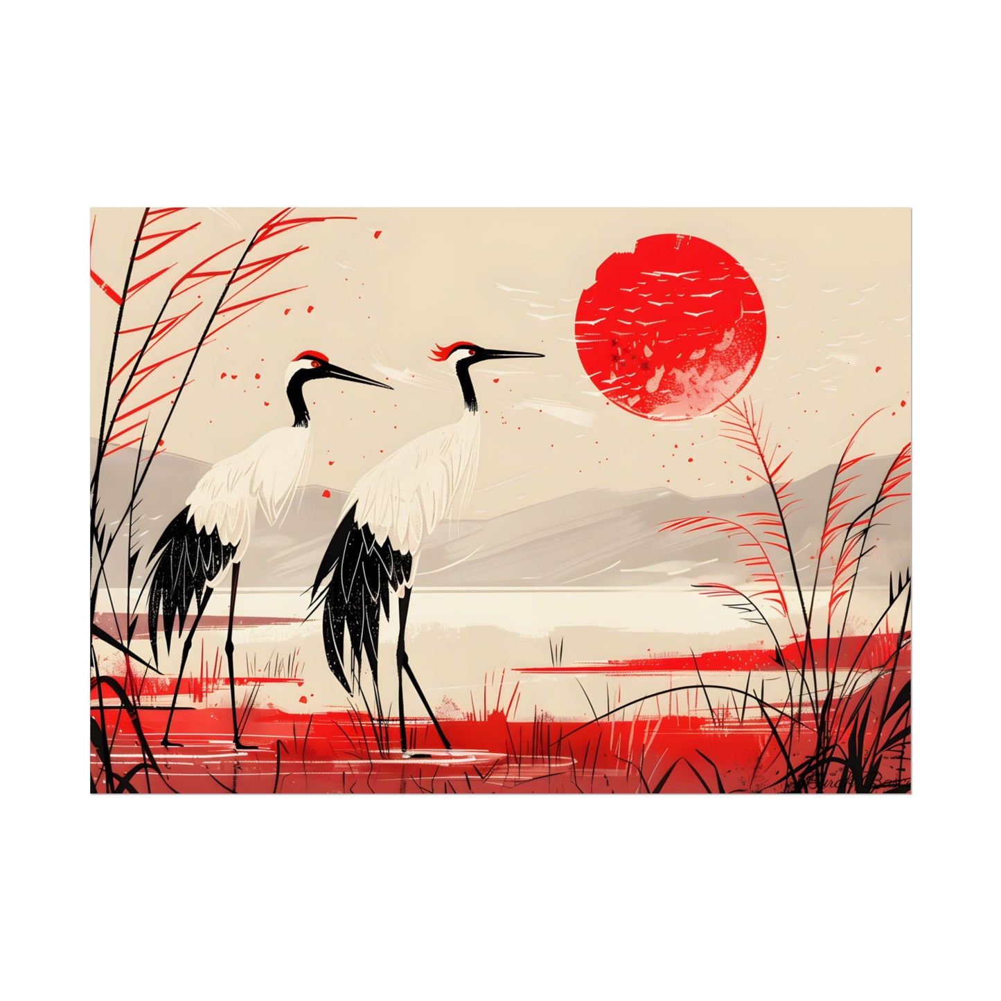 Peaceful Cranes in Serene Nature: Landscape Artwork - Poster