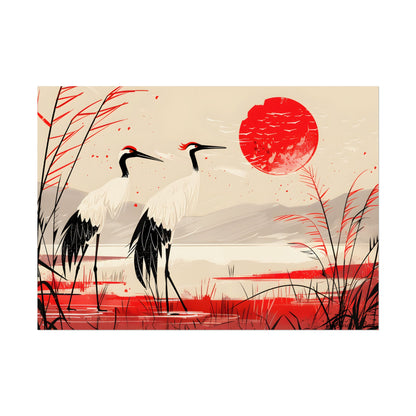 Peaceful Cranes in Serene Nature: Landscape Artwork - Poster