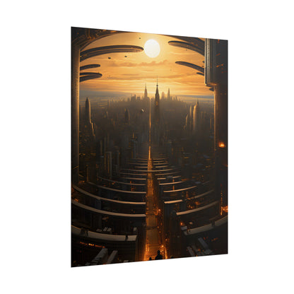 Dystopian Utopia: Futuristic Cityscape with Dark Facade - Poster