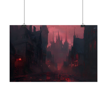 Dark Gothic Cityscape: A Serene Misty Dusk Scene - Poster