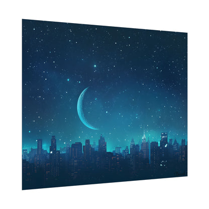 Starry Night Sky: Tranquil Dark Blue Scene with Crescent Moon - Poster