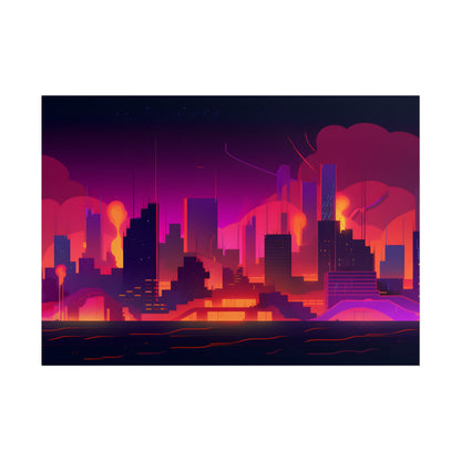 Burning Cyberpunk Cityscape: Nighttime Digital Artwork - Poster