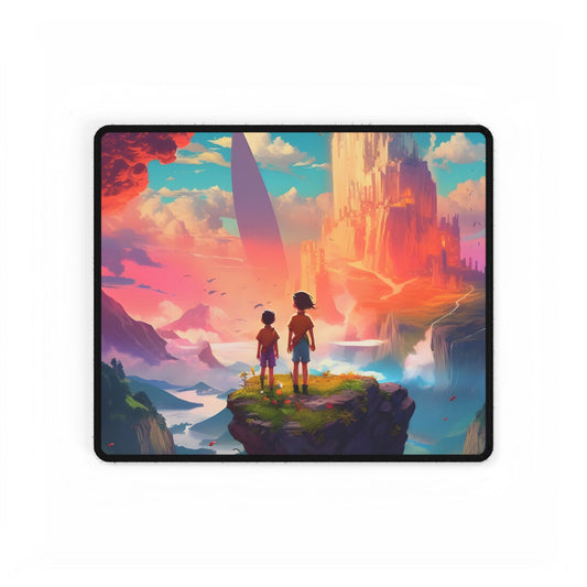 Peaceful Meadow Landscape: Girl and Boy on Cloudy Hill - Desk Mat