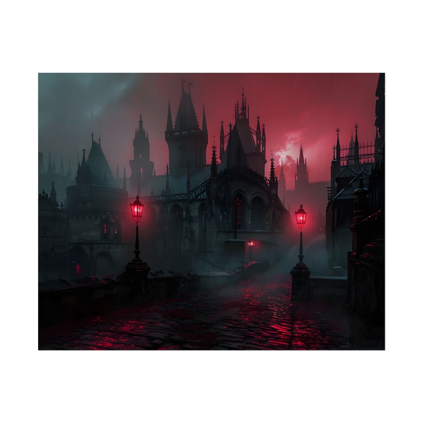 Dark Gothic Cityscape: Misty Twilight Artwork - Poster