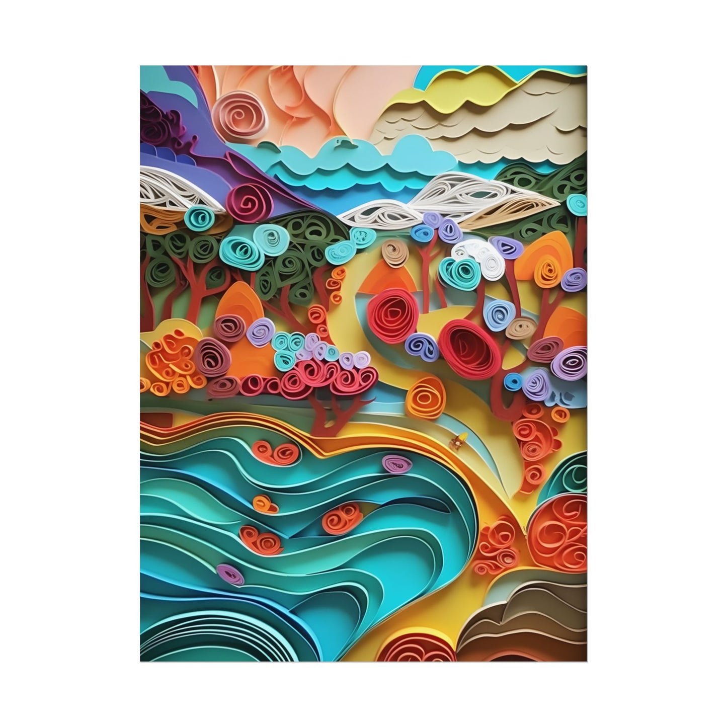 Paper Quilled Beach Bliss: Artistic Coastal Landscape - Poster