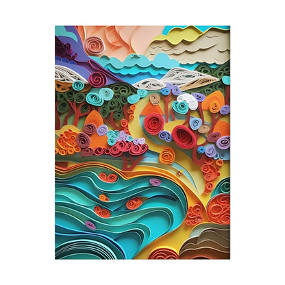 Paper Quilled Beach Bliss: Artistic Coastal Landscape - Poster