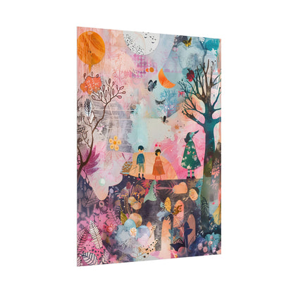 Colorful Whimsy: Blue Fish, Yellow Bird, Pink Cat Art Collage - Poster