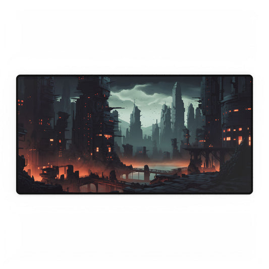 Burning Cyberpunk Cityscape: Nighttime Digital Art - Desk Mat