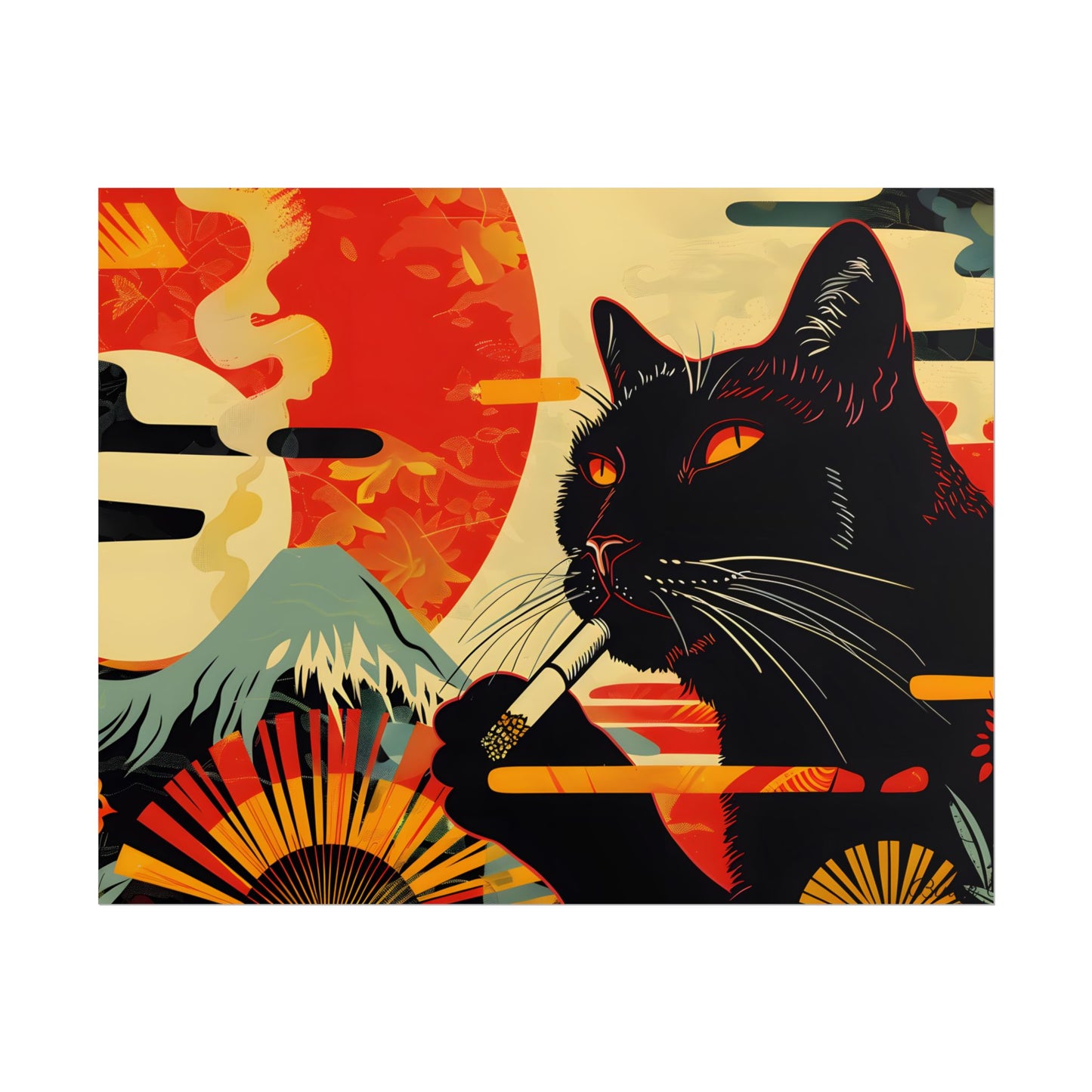 Whimsical Cat Smoking: Red & White Stripe Artwork - Poster