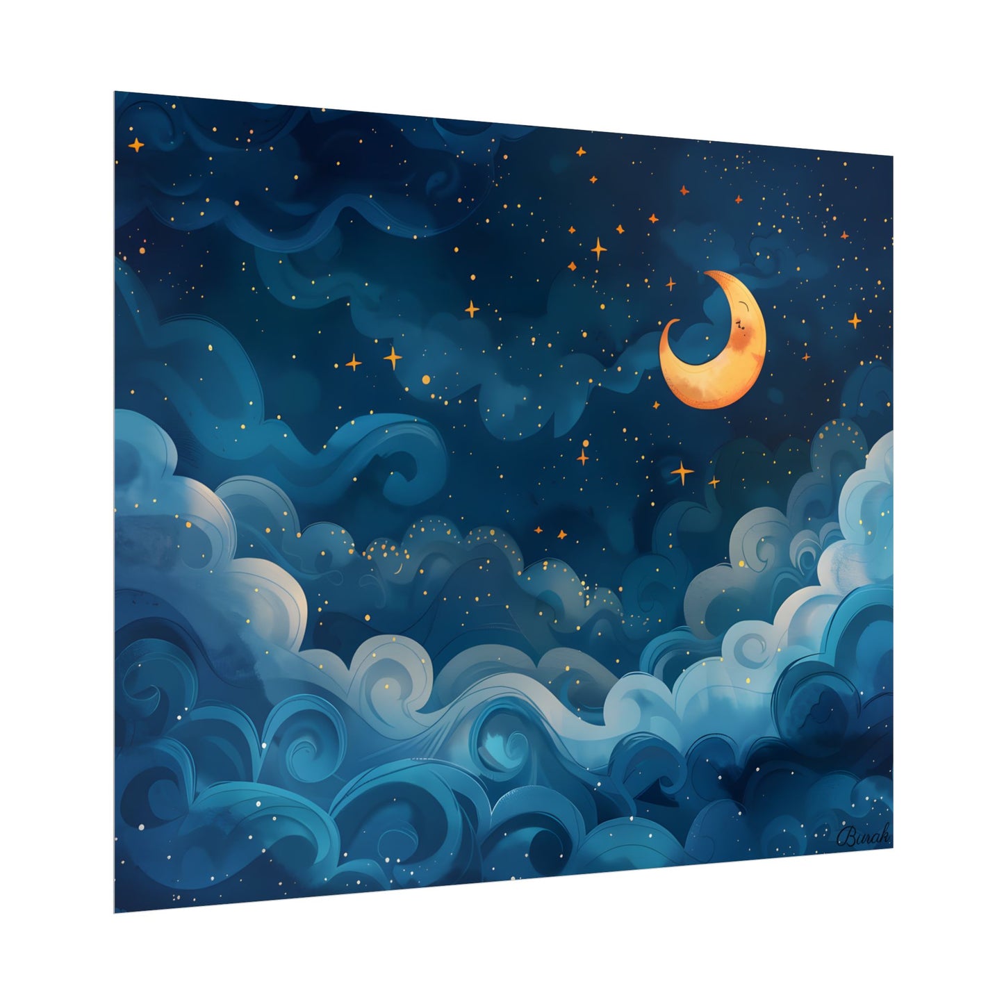 Surreal Night Sky Dreamscape: Whimsical Stars and Clouds Art - Poster