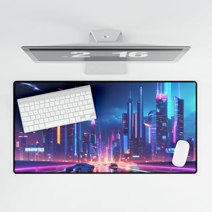 Futuristic City Glow: Neon Lights Digital Art - Desk Mat