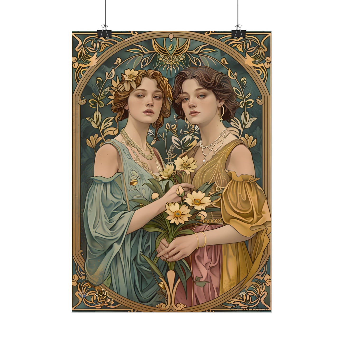 Two Women in Ornate Attire Holding Primr: Traditional Turkish Artwork - Poster