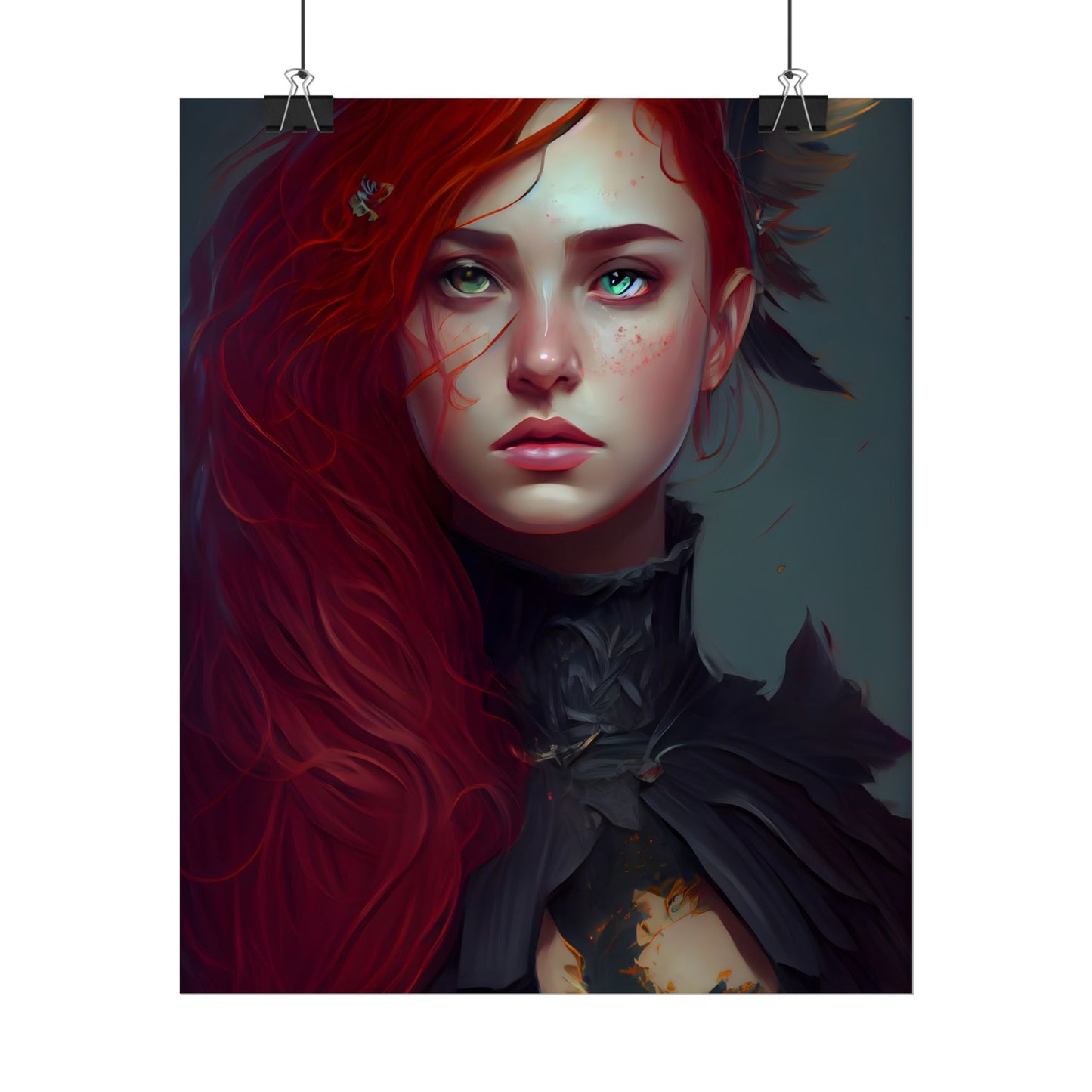 Vibrant Female Portrait: Red Hair Beauty in Neutral Dress - Poster