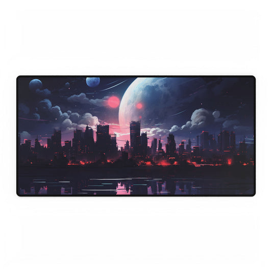 Melancholic Cyberpunk City: Nighttime Landscape Digital Art - Desk Mat