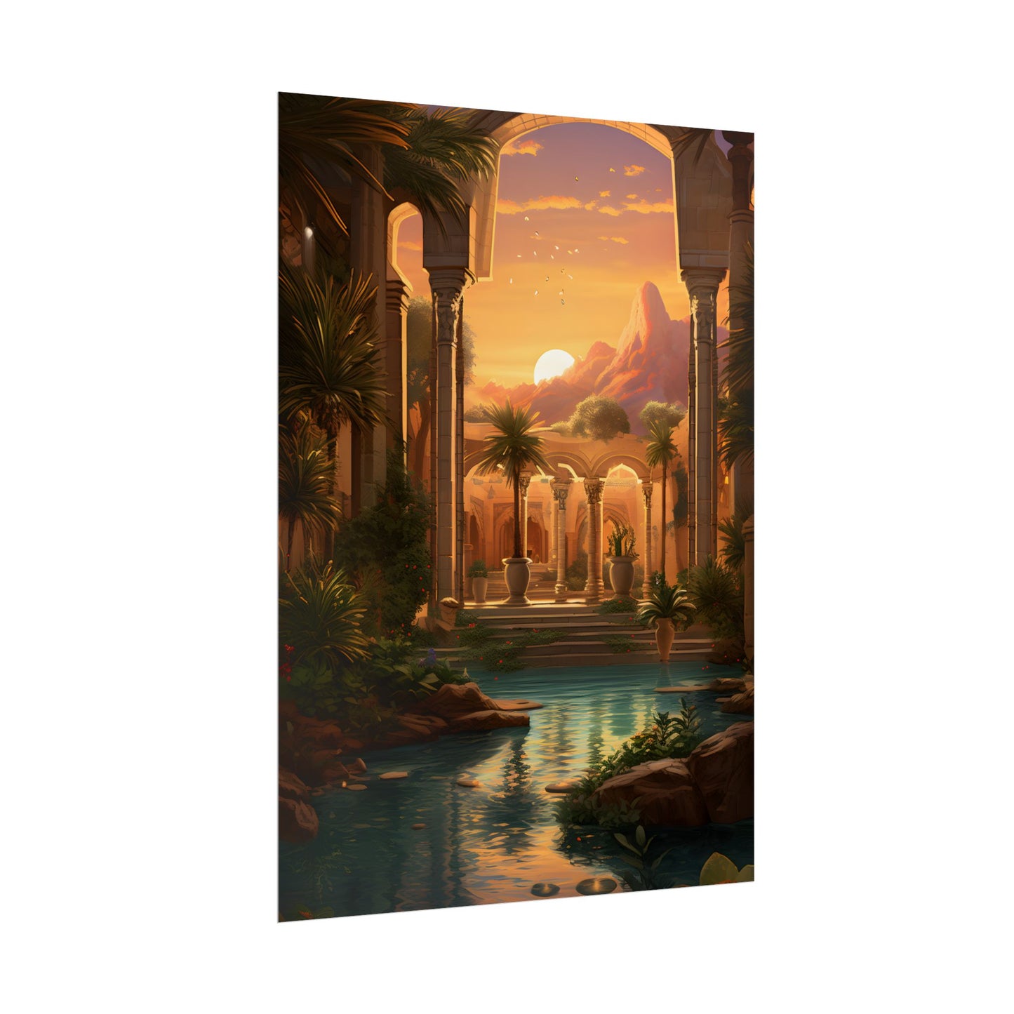 Desert Oasis at Sunset: Magical Desert Artwork - Poster