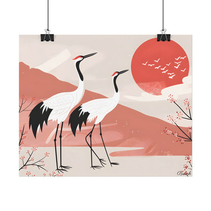 Serene Landscape with Cranes: Peaceful Nature Art - Poster