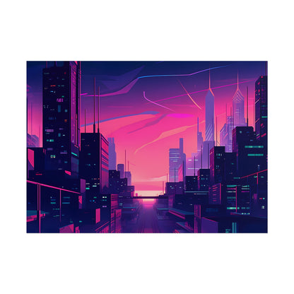 Melancholic Cyberpunk Cityscape: Neon Night Digital Art - Poster