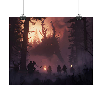 Serene Forest Sunset: Group Walking Through Misty Landscape - Poster