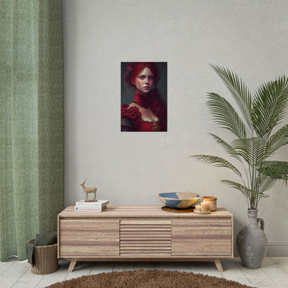 Vibrant Redhead Portrait: Female Artwork in Red Dress - Poster