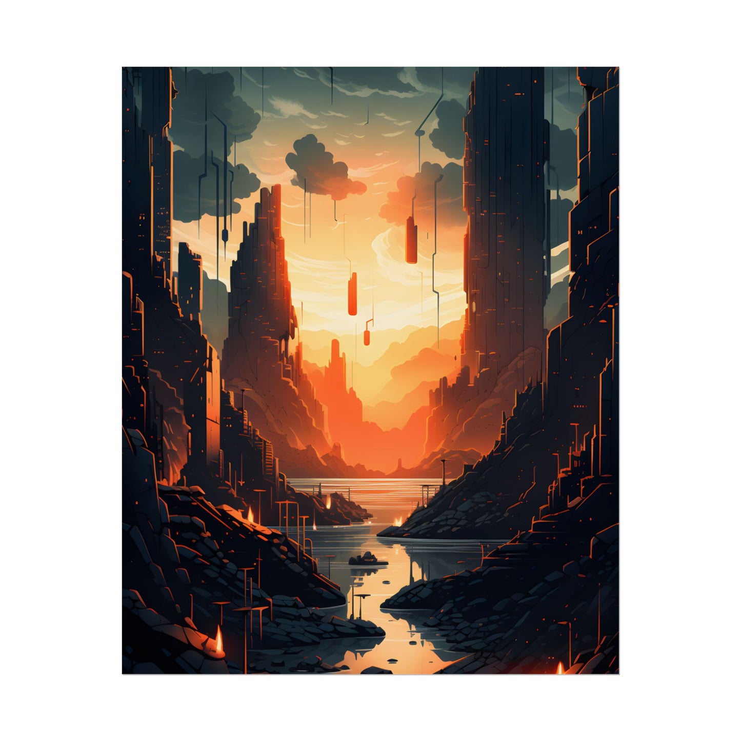 Cyberpunk Metropolis Ablaze: Nocturnal Digital Masterpiece - Poster