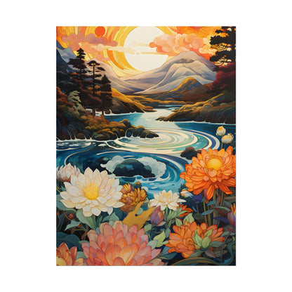 Peaceful River Landscape: Flowers Blooming - Poster