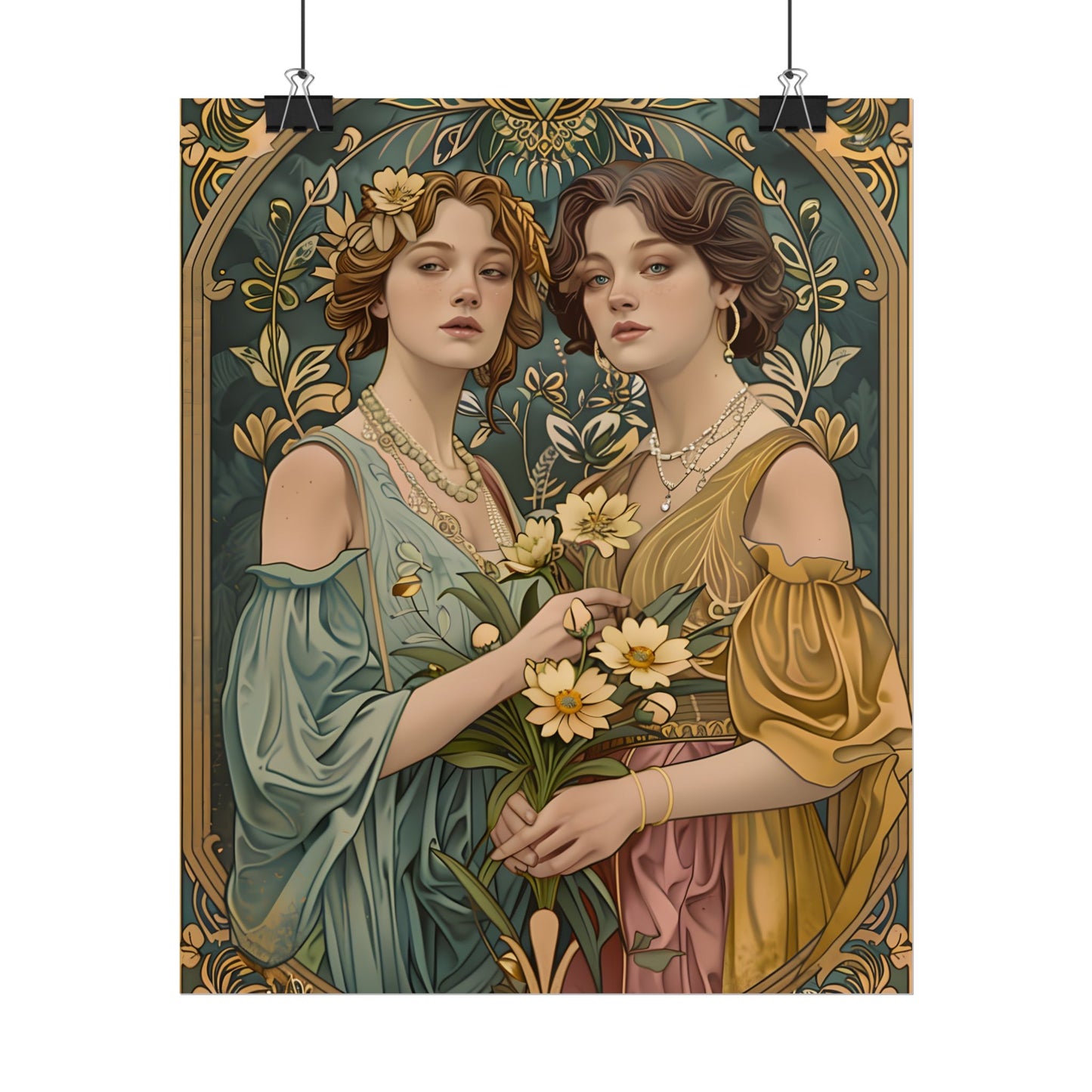 Two Women in Ornate Attire Holding Primr: Traditional Turkish Artwork - Poster
