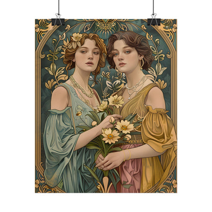 Two Women in Ornate Attire Holding Primr: Traditional Turkish Artwork - Poster