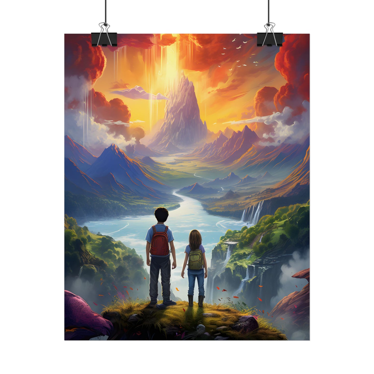 Girl, Boy, Meadow: A Peaceful Cloudy Day Artwork - Poster
