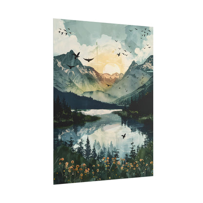 Serene Mountain Lake: Birds in Flight - Natural Art - Poster