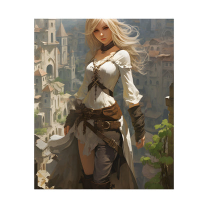 Anime Bird's Eye View Portrait: Blonde Beauty in Motion - Poster