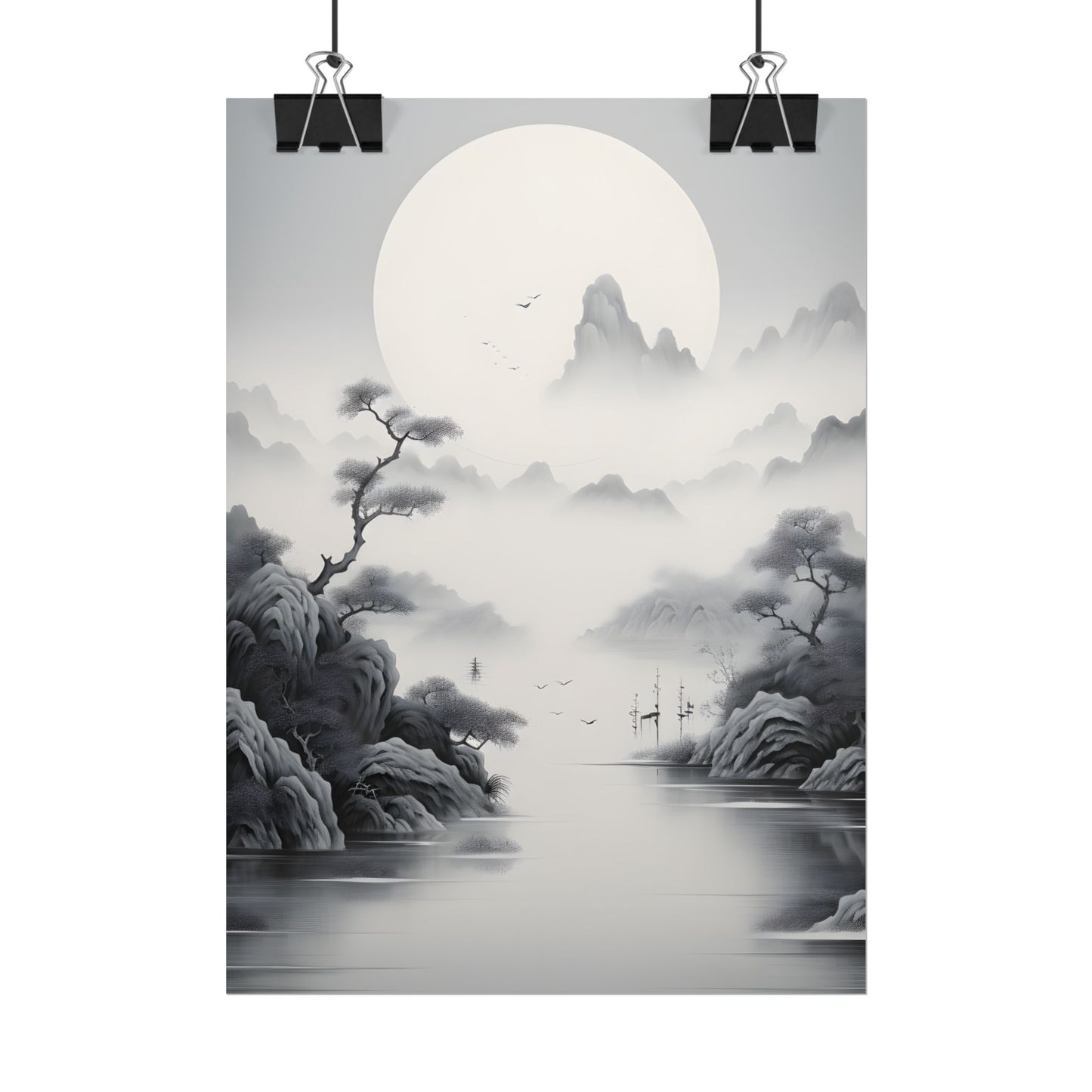 Chinese Ink Mirror Landscape: Serene Artwork - Poster