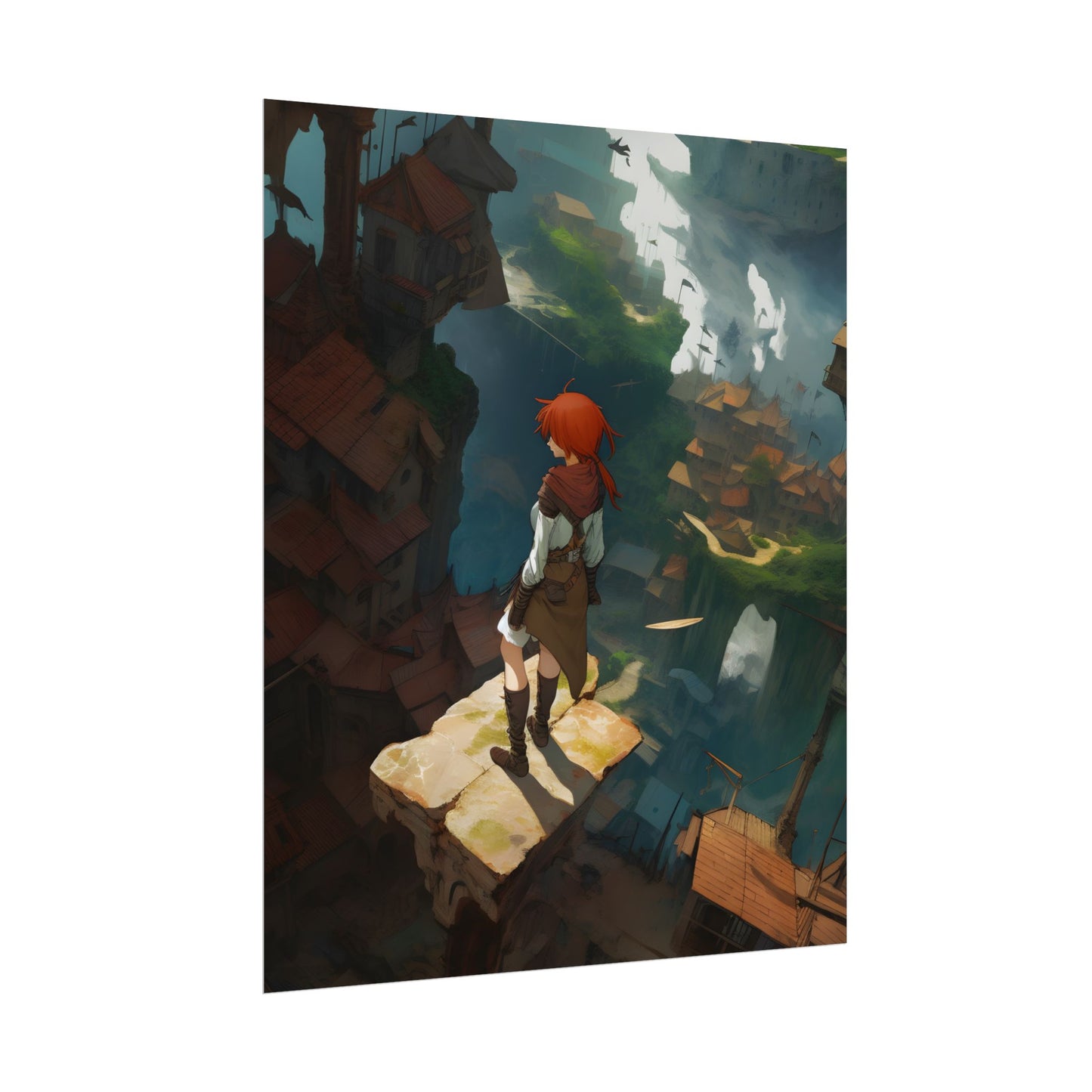 Dramatic Night City Anime: Red Haired Female Digital Art - Poster