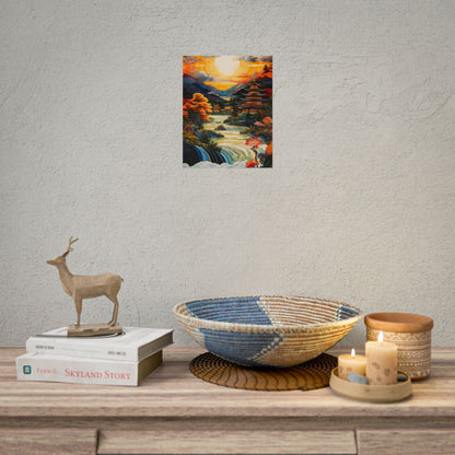 Peaceful Japanese River Landscape with Flowers: Serene Artwork - Poster