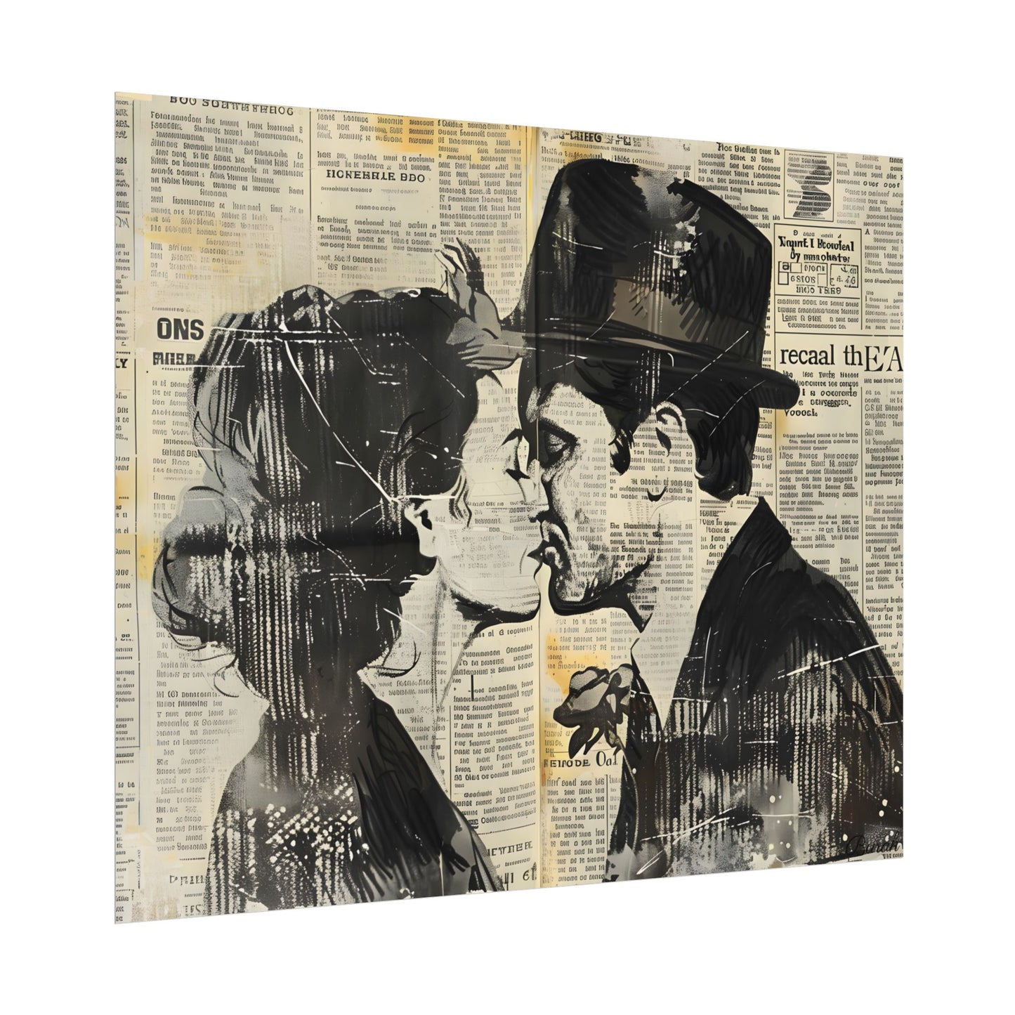 Vintage Romance Couples: Newsprint Artwork - Intimate Moments - Poster