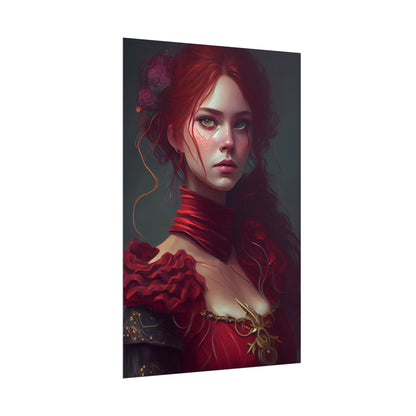 Vibrant Redhead Portrait: Female Artwork in Red Dress - Poster