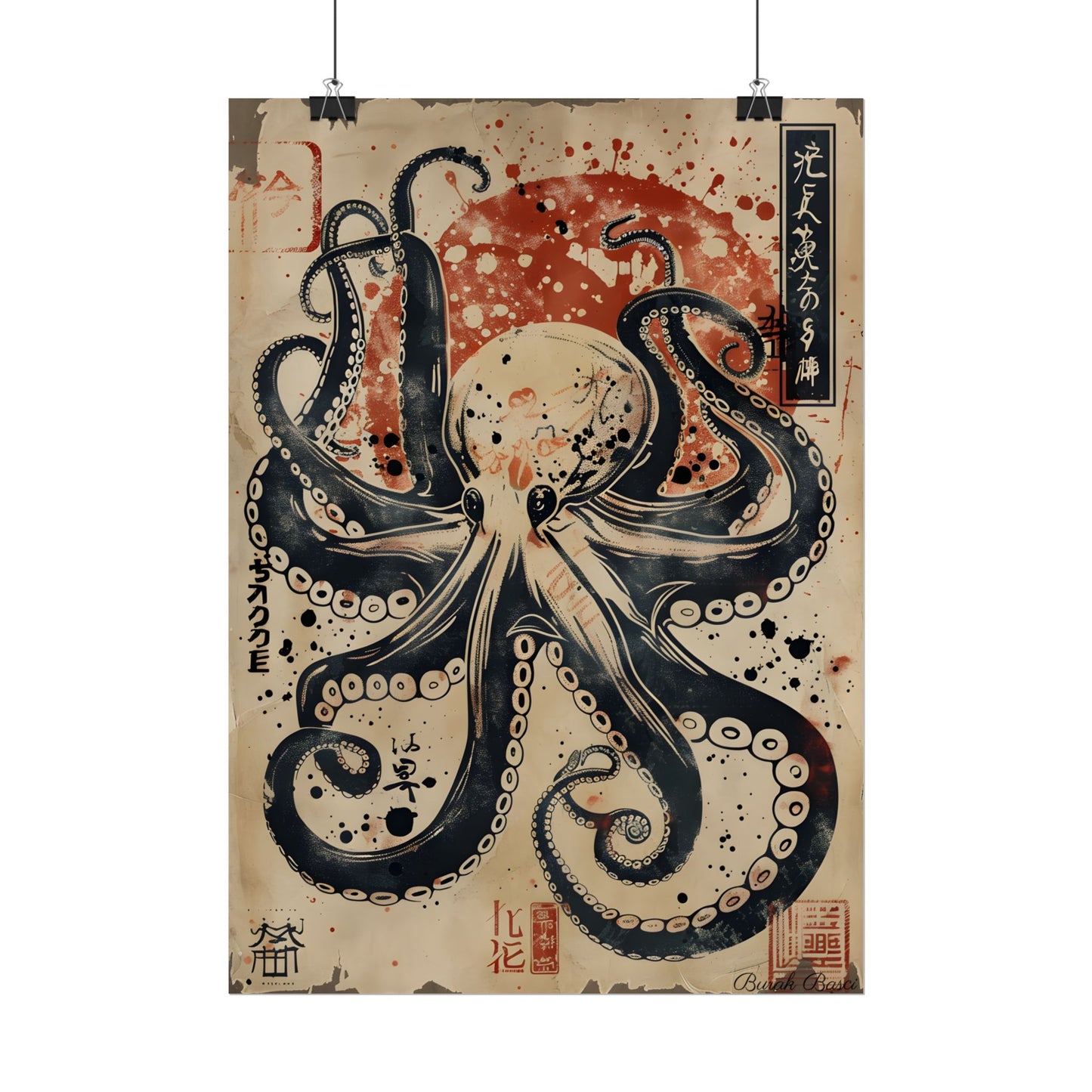 Stylized Octopus: Vibrant Japanese Ukiyo-E Artwork - Poster