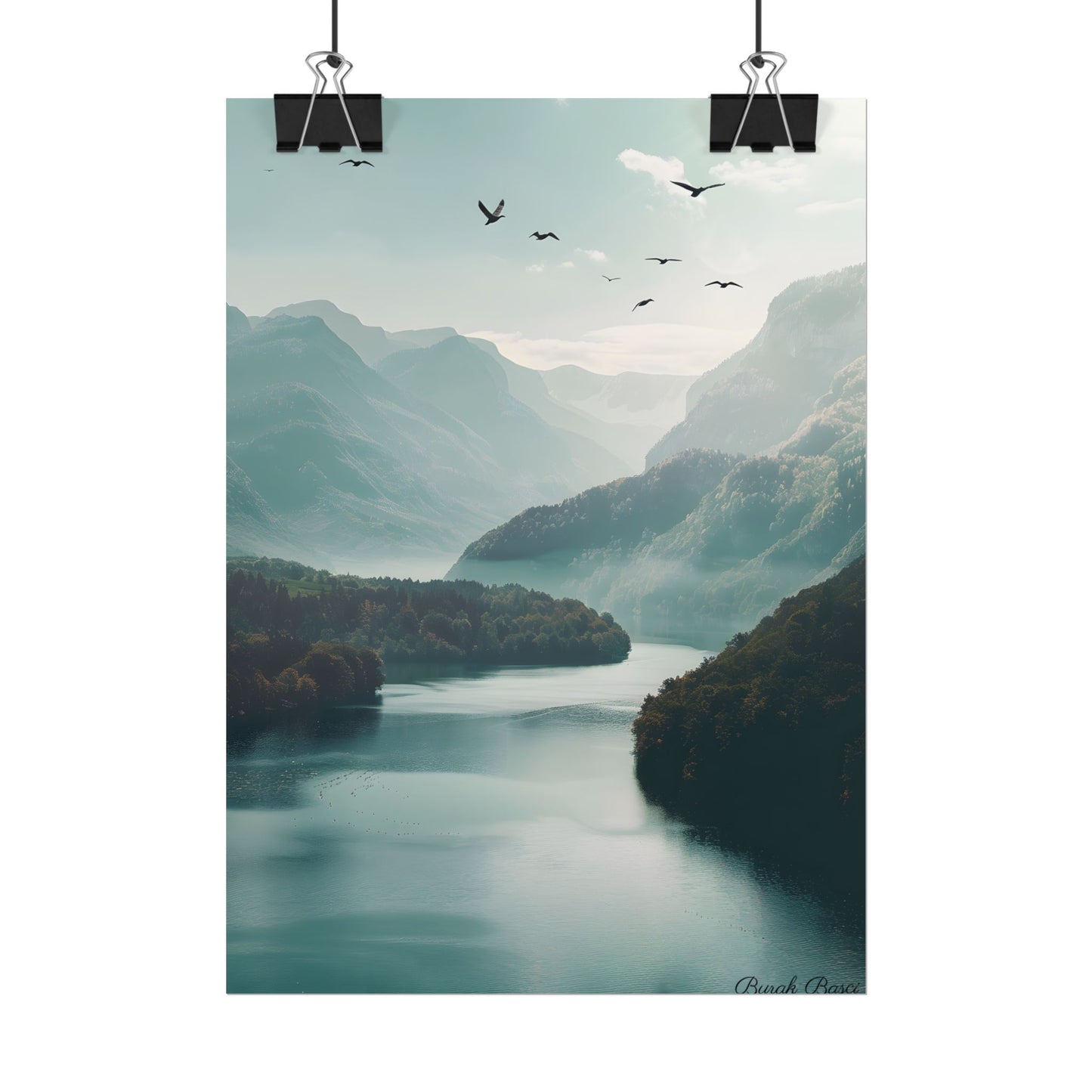 Explore Serene Mountains and Lake: Aerial Perspective Digital Art - Poster