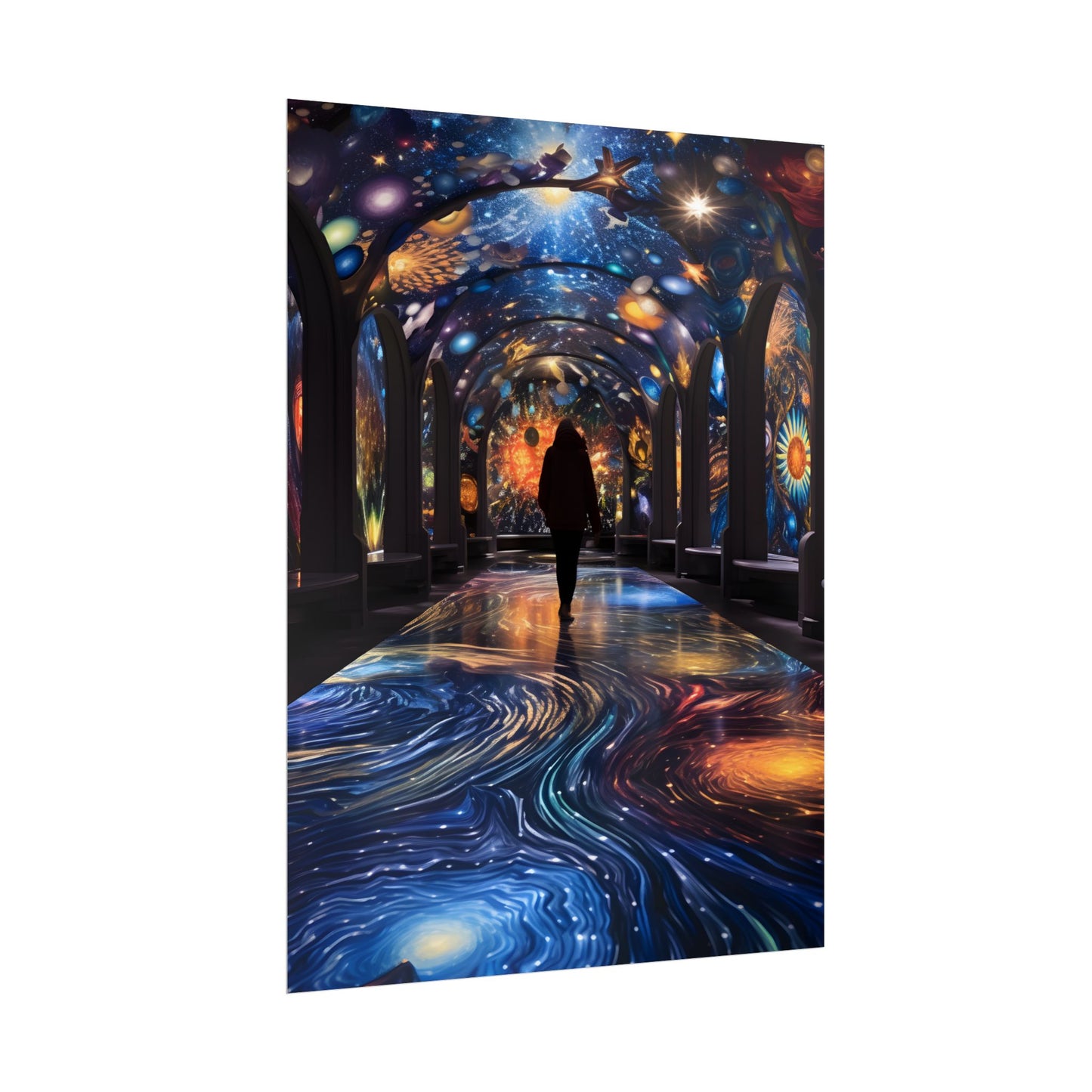 Celestial Art Gallery: Vibrant Space-Themed Artwork in a Colorful Interior - Poster