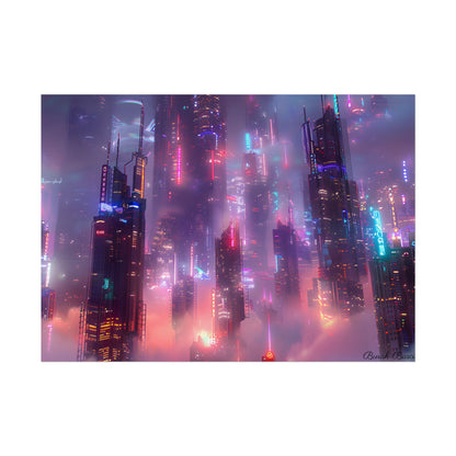 Neon Futuristic Cityscape: Graphic Modern Art - Poster