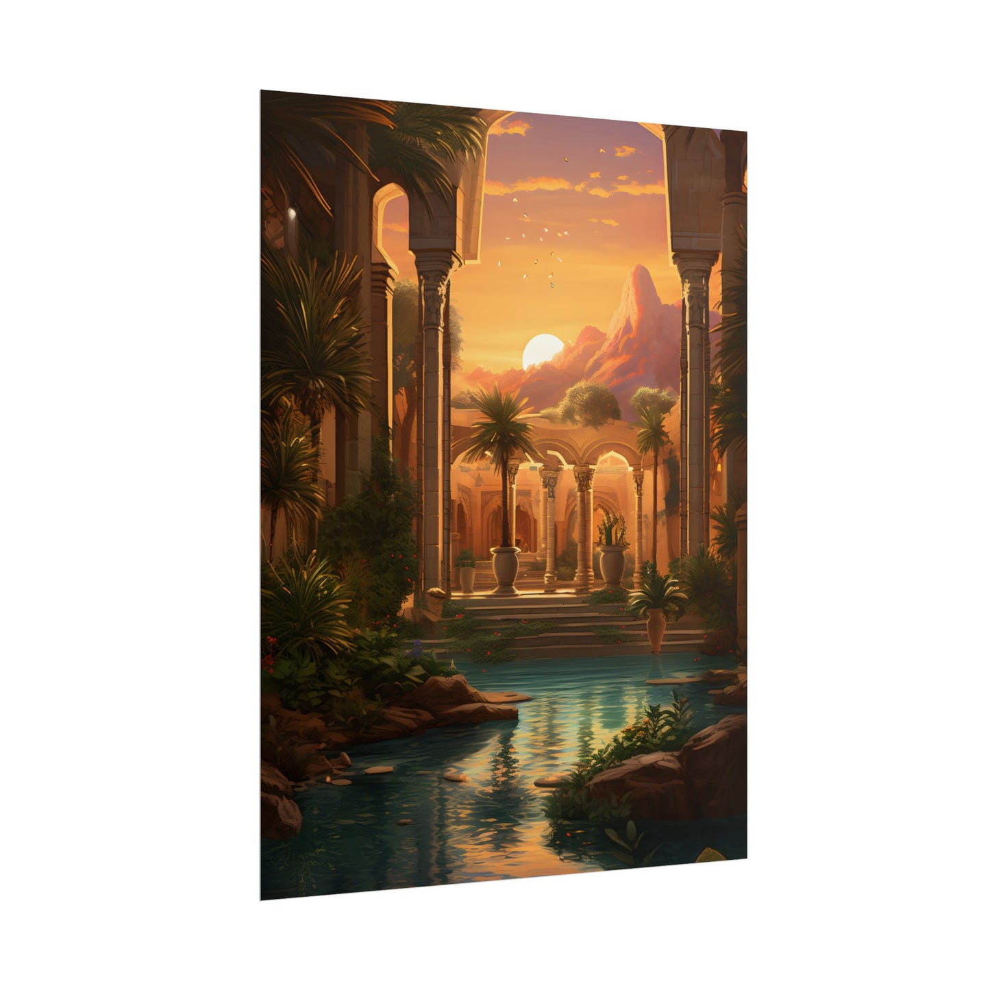 Desert Oasis at Sunset: Magical Desert Artwork - Poster