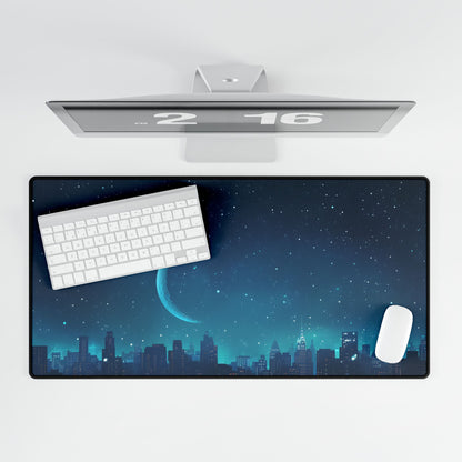 Starry Night Sky: Tranquil Dark Blue Scene with Crescent Moon - Desk Mat