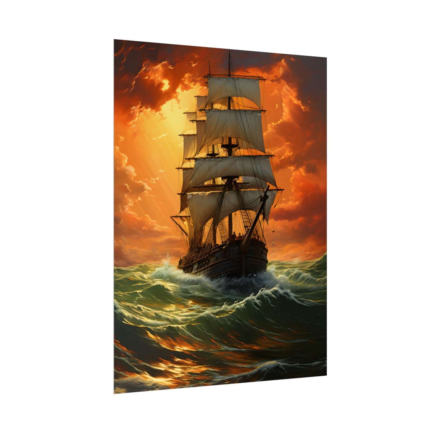Nature's Serenity: Realistic Oil Painting of a Green Ship - Poster