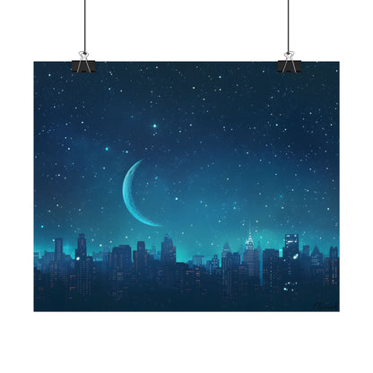 Starry Night Sky: Tranquil Dark Blue Scene with Crescent Moon - Poster