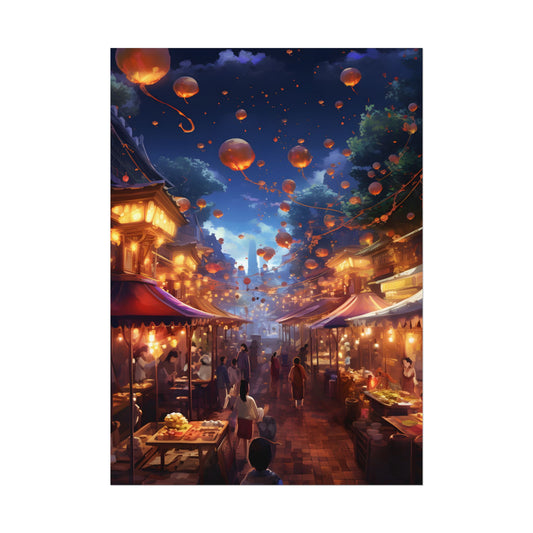 Magical Nighttime Street Food Market: Vibrant Evening Scene - Poster