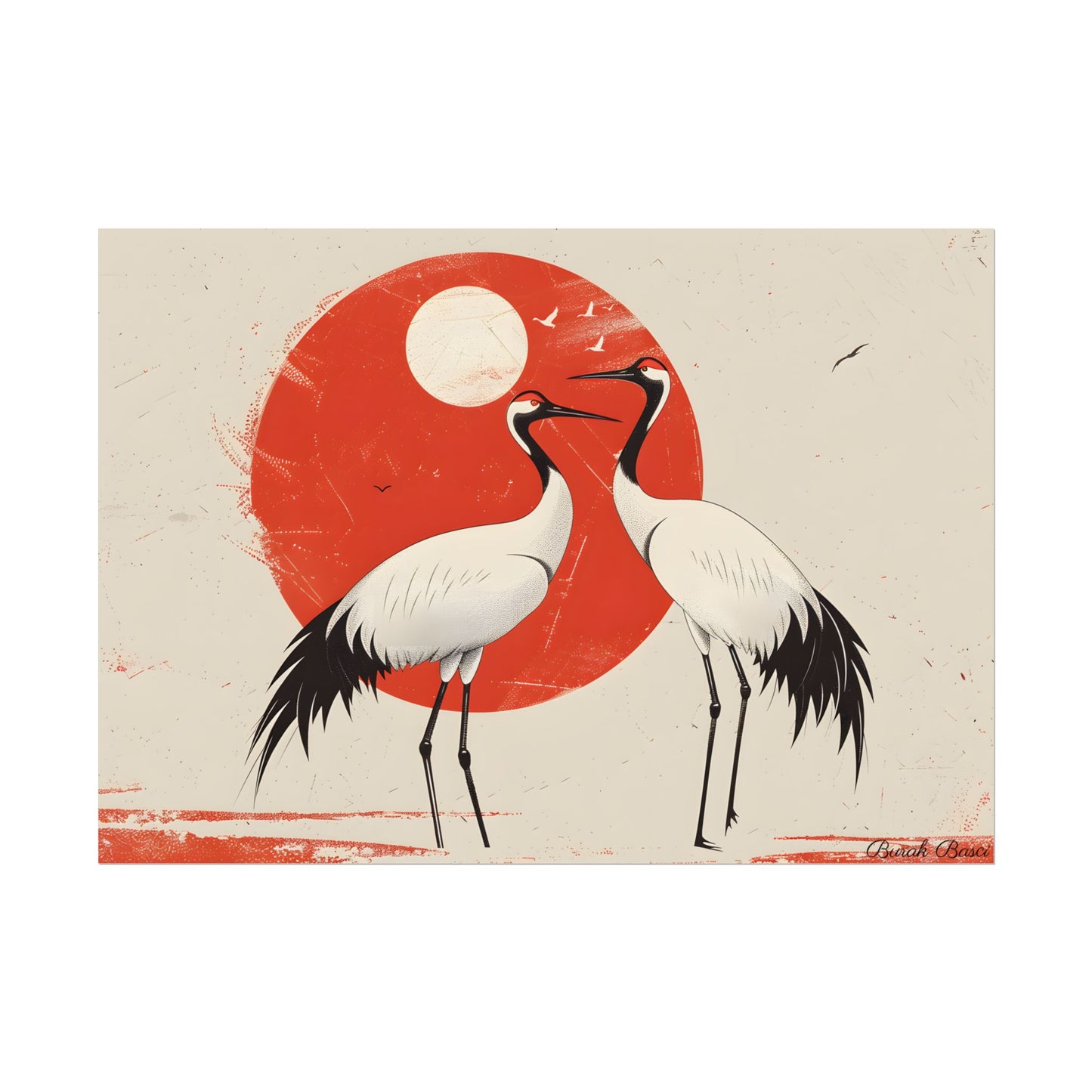 Serene Wildlife Sanctuary: Cranes in Red Nature Scene Art - Poster
