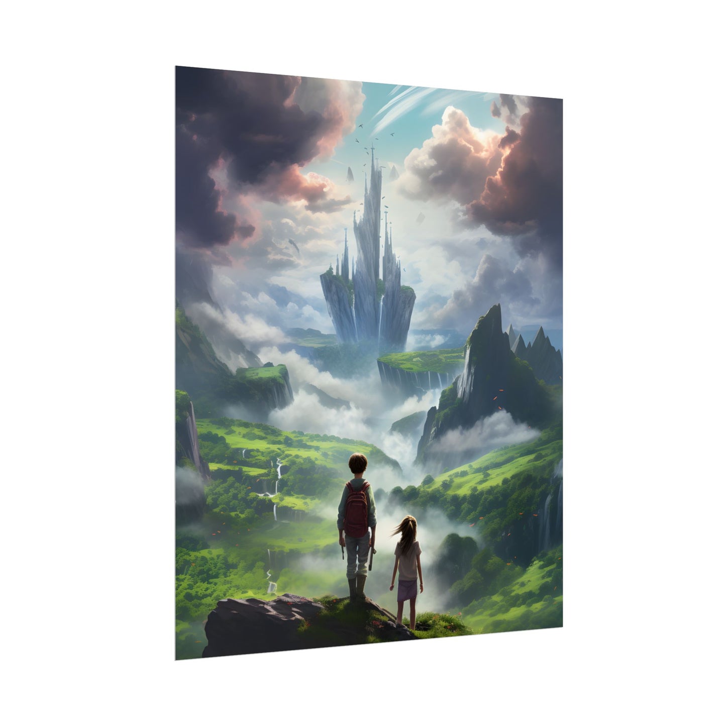 Girl and Boy in a Cloudy Meadow: Serene Outdoor Scene - Poster