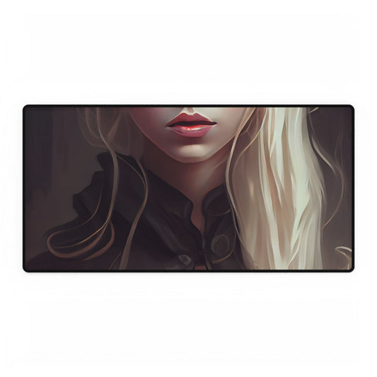 Blonde Portrait: Elegant Woman in Black Dress - Desk Mat