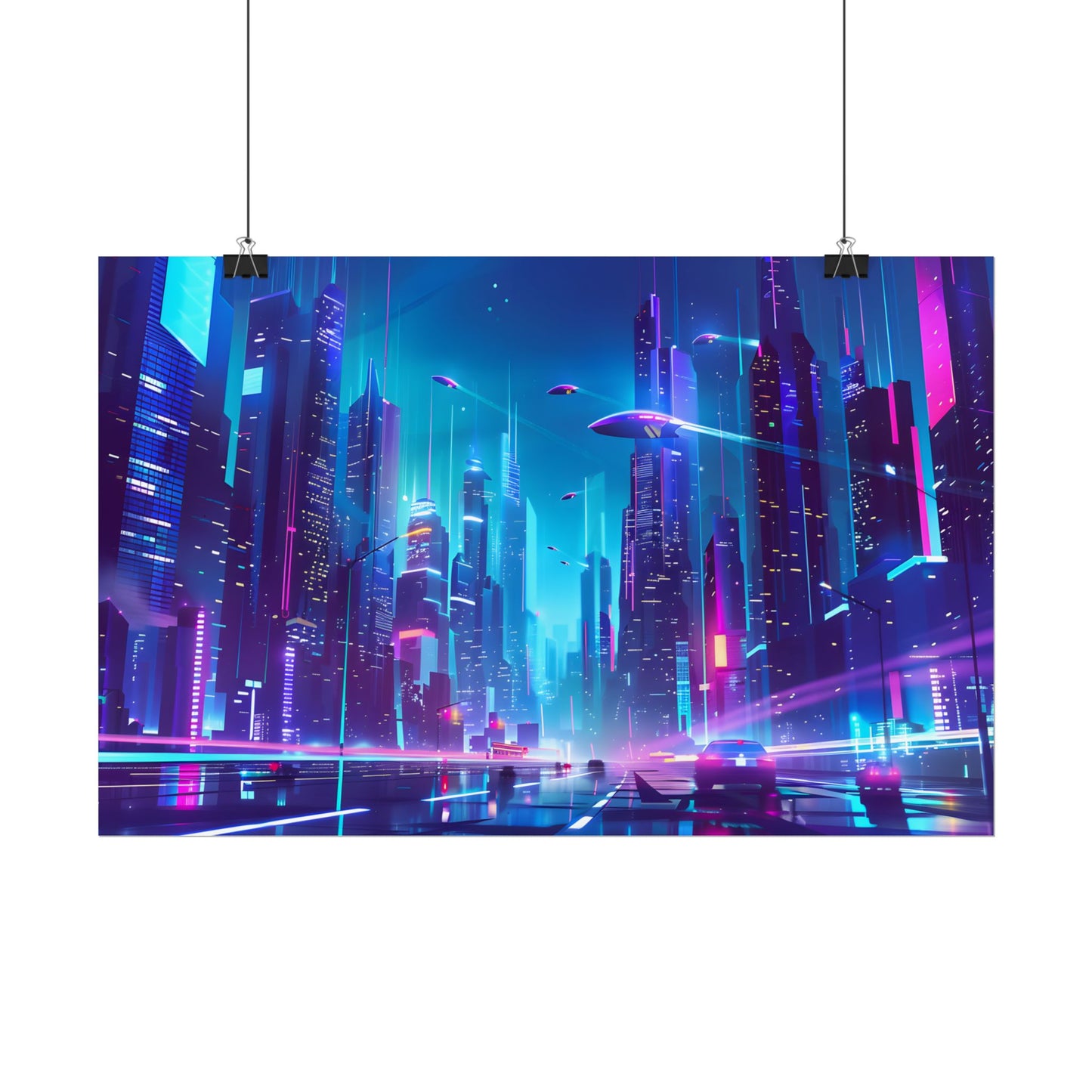 Futuristic Neon City: Towering Skyscrapers in a Vibrant Nighttime Sky - Poster